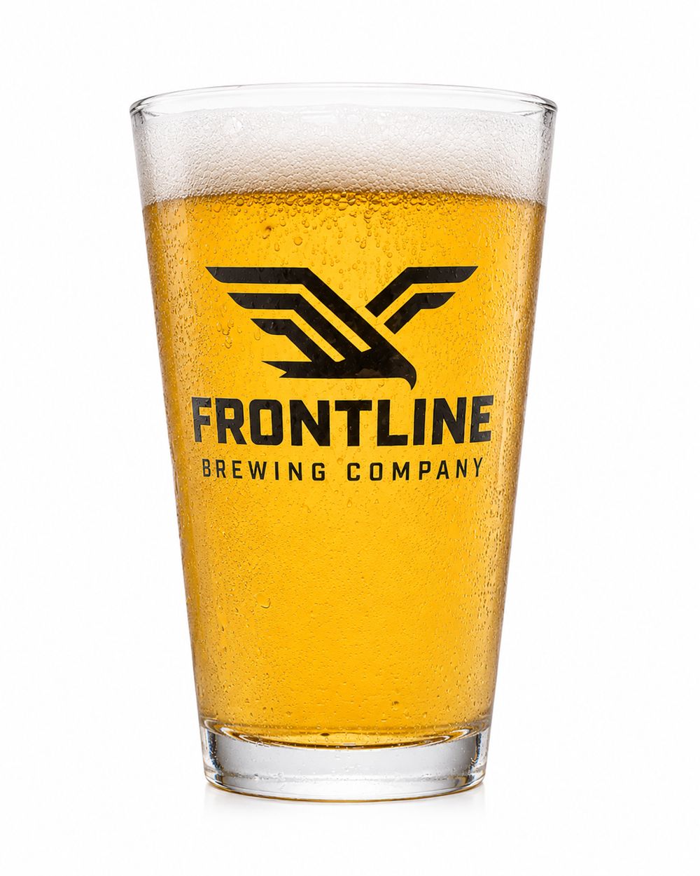 A pint of Frontline American Lager in a Frontline glass